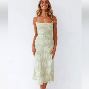 ROSEDRESS FLORAL COWL NECK HIGH SLIT SLIP MIDI DRESS - SAGE GREEN